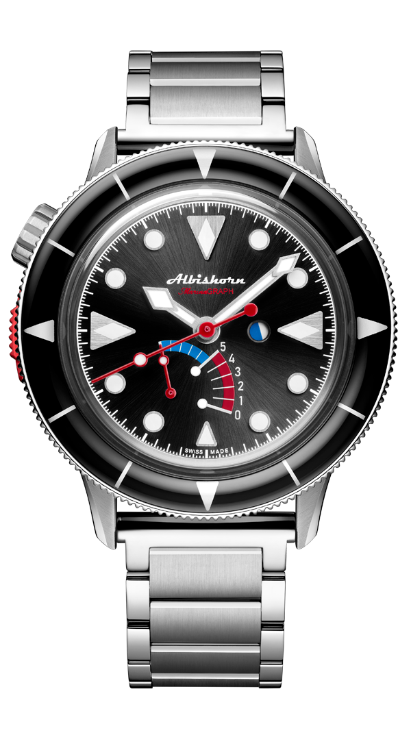 Albishorn Marinagraph Classic black dial full watch on bracelet.