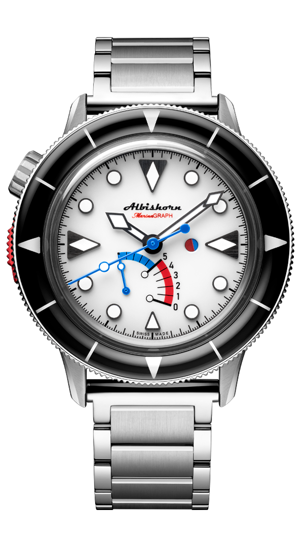 Albishorn Marinagraph Classic Fumé white dial full watch on bracelet.