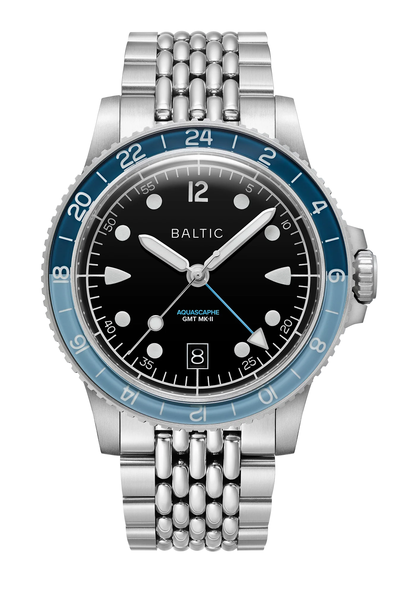 Aquascaphe GMT MK-II Blue: black dial, blue 24-hour bezel and beads-of-rice bracelet. Official Baltic image.