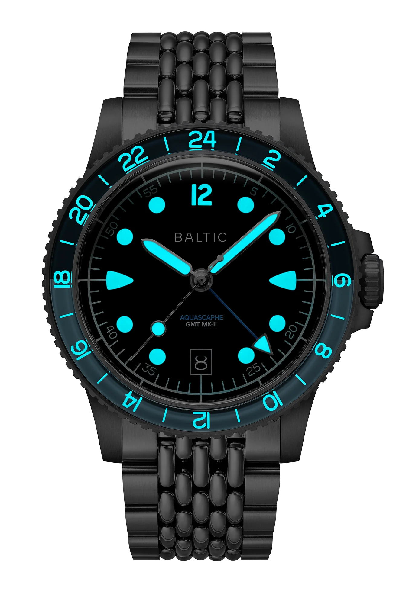 The Blue model illuminated: distinguish the GMT arrow from the local-hour and minute hands. Official Baltic image, not a Horomag brightness test.
