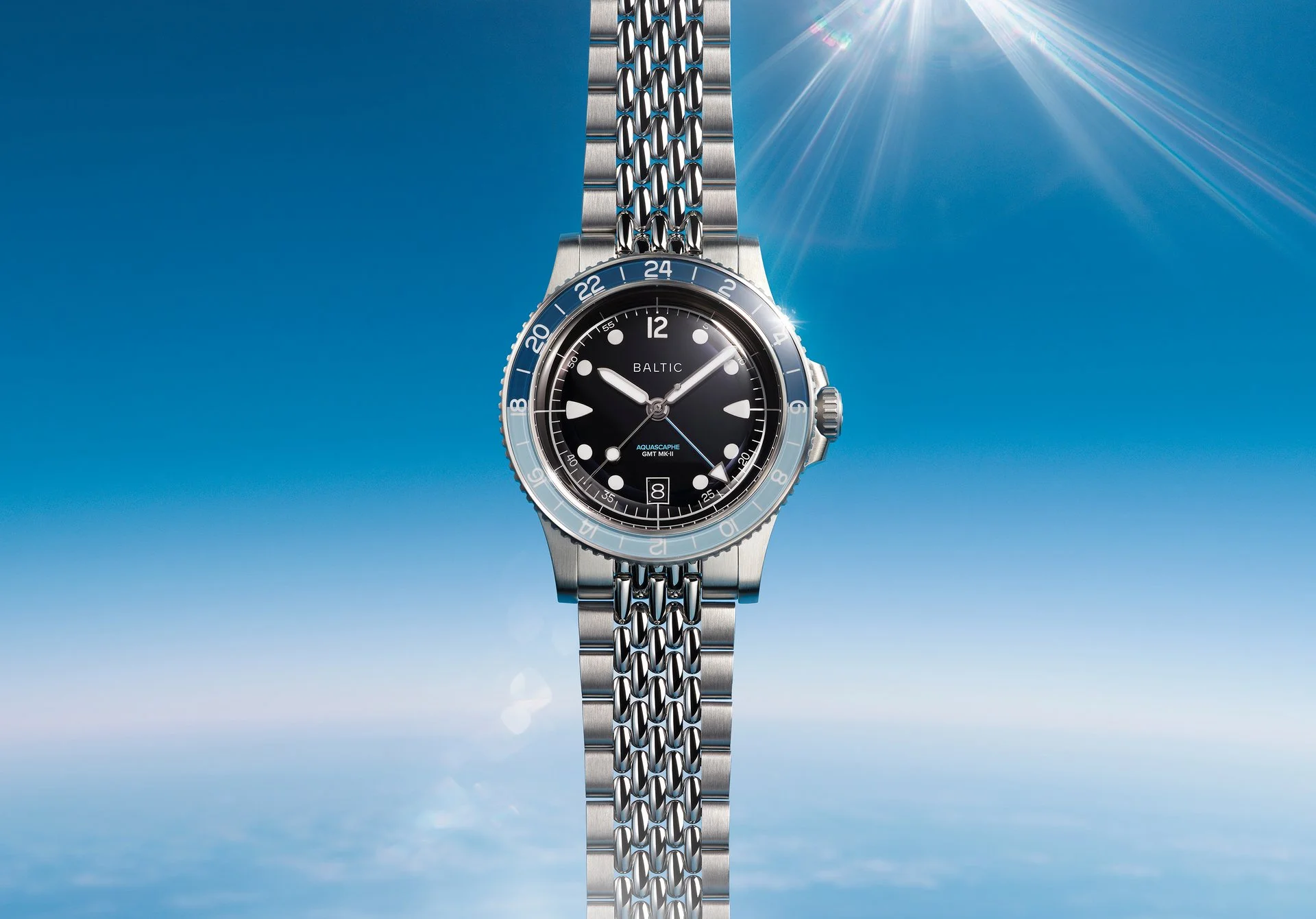 Baltic Aquascaphe GMT MK-II Blue in its official sky-themed campaign