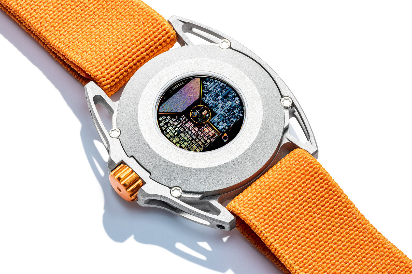 Barrelhand Monolith caseback with Memory Disc Module and orange strap