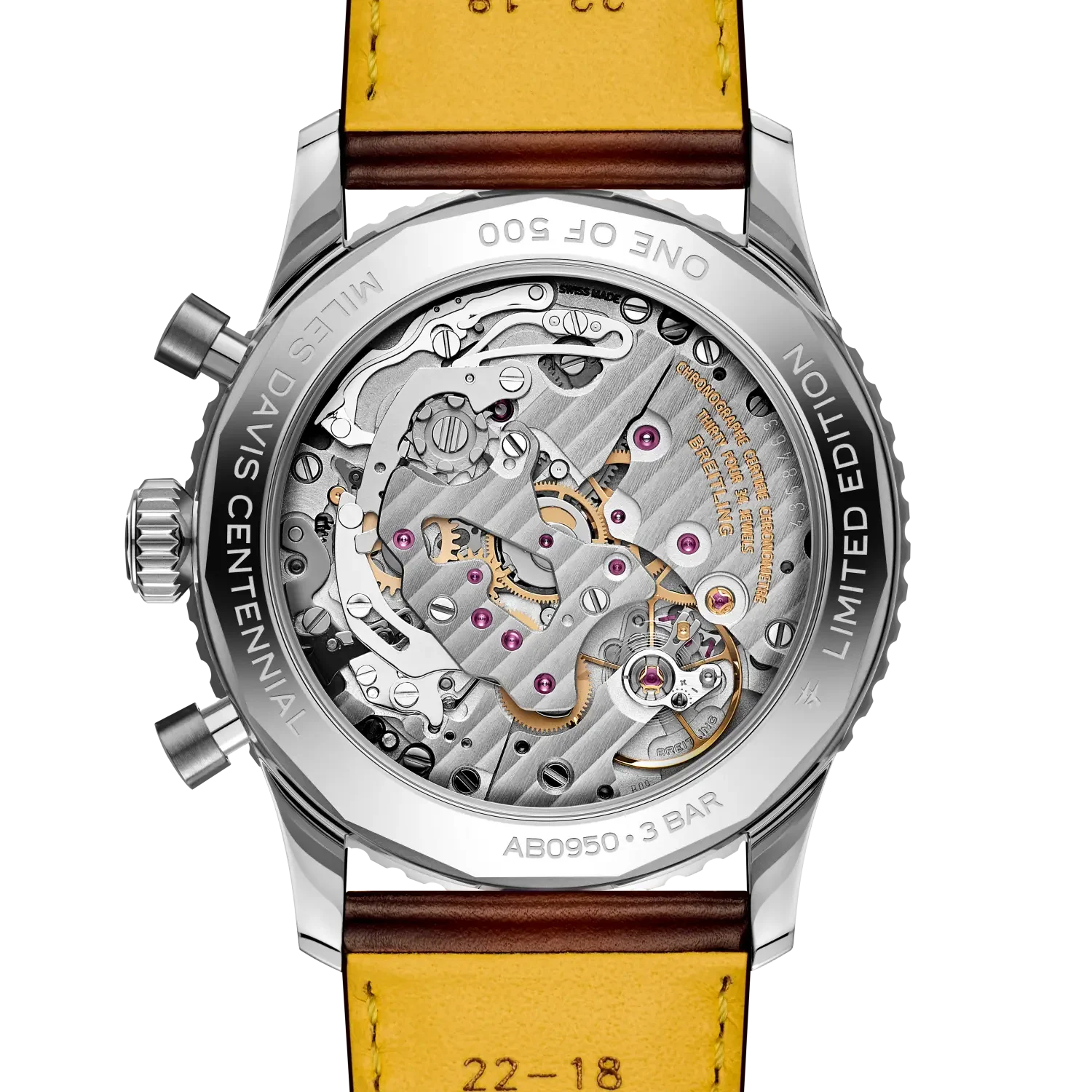 The display back exposes the manual-wind Breitling Manufacture Caliber B09 and the Miles Davis Centennial engraving.