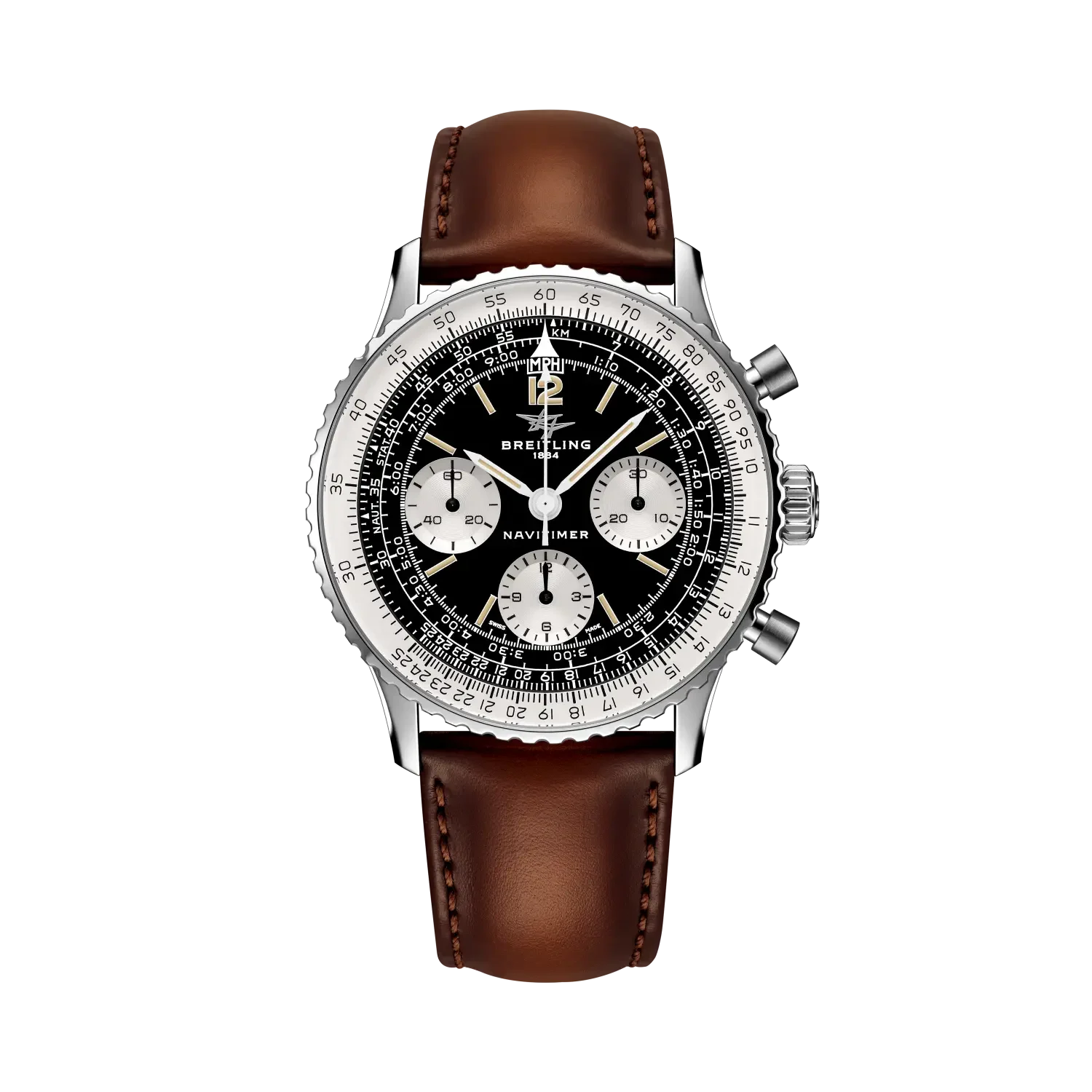 The 41 mm reverse-panda dial keeps the Twin Jet-era Navitimer language central to the tribute.