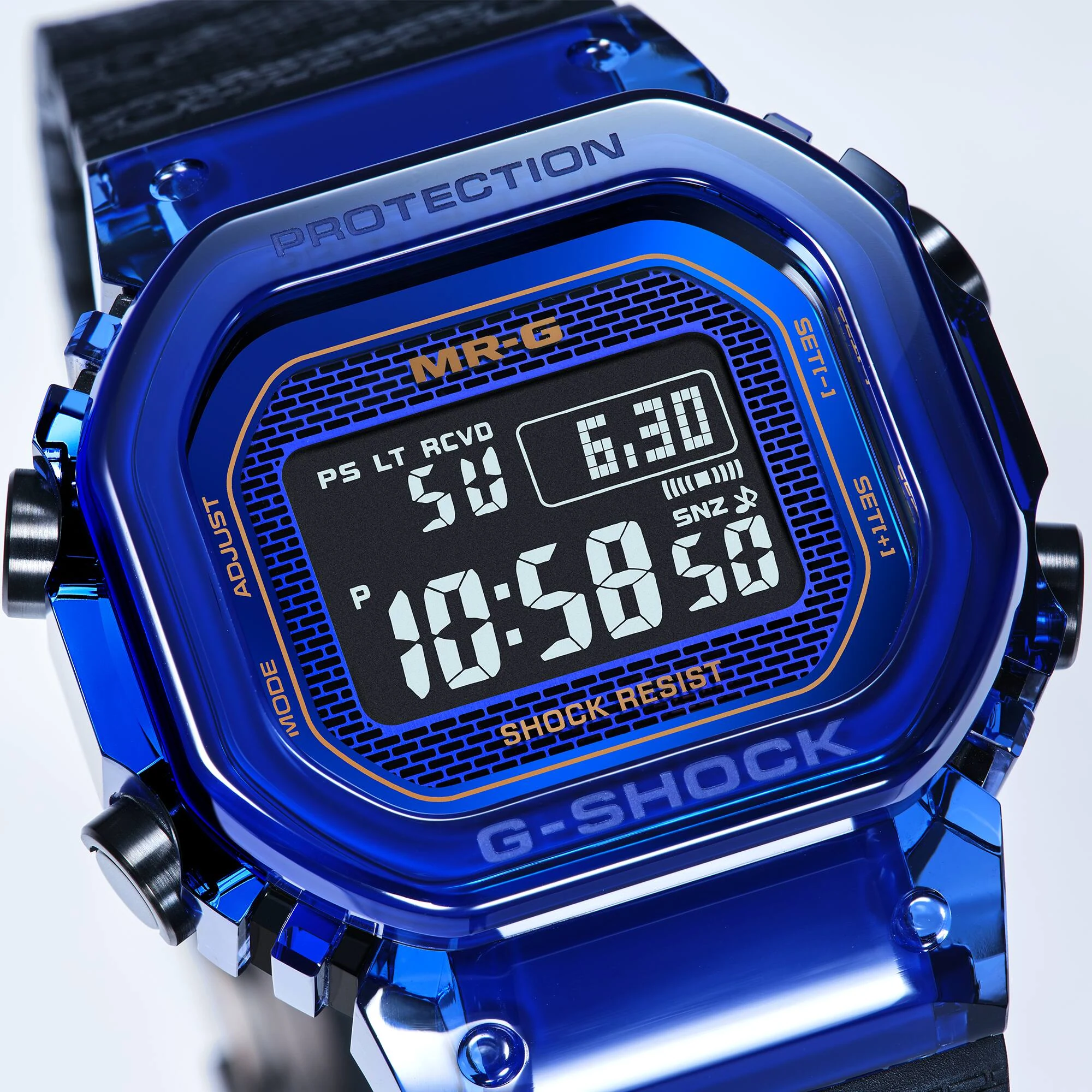 Macro view of the MRG-D5000 digital face and blue sapphire bezel