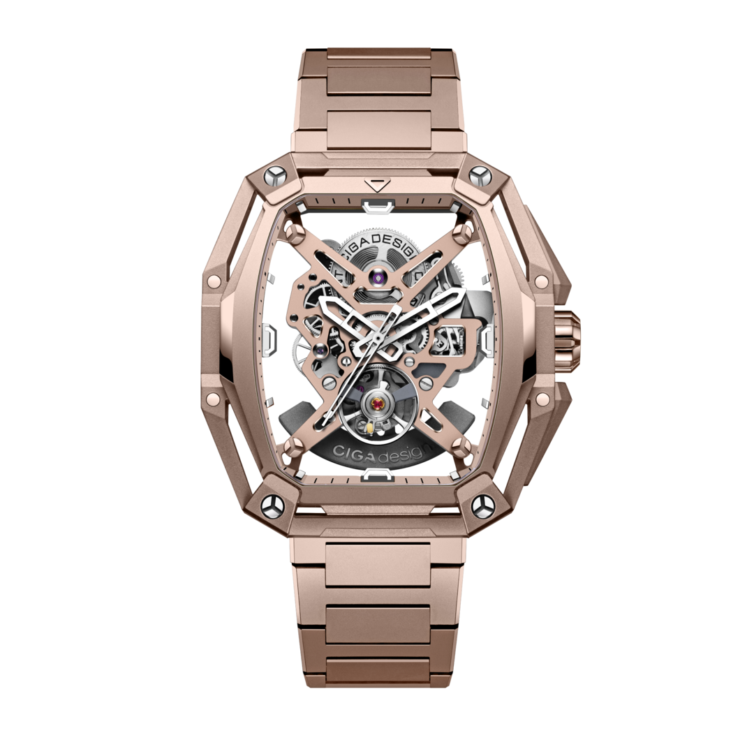 Official front image of the CIGA Design Hunter Vintage skeleton automatic watch