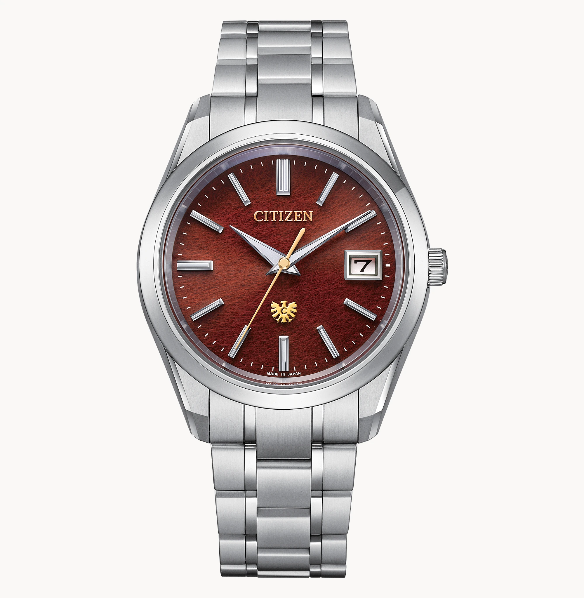 Official front view of The CITIZEN AQ4100-65X with crimson Tosa Tengujoshi paper dial