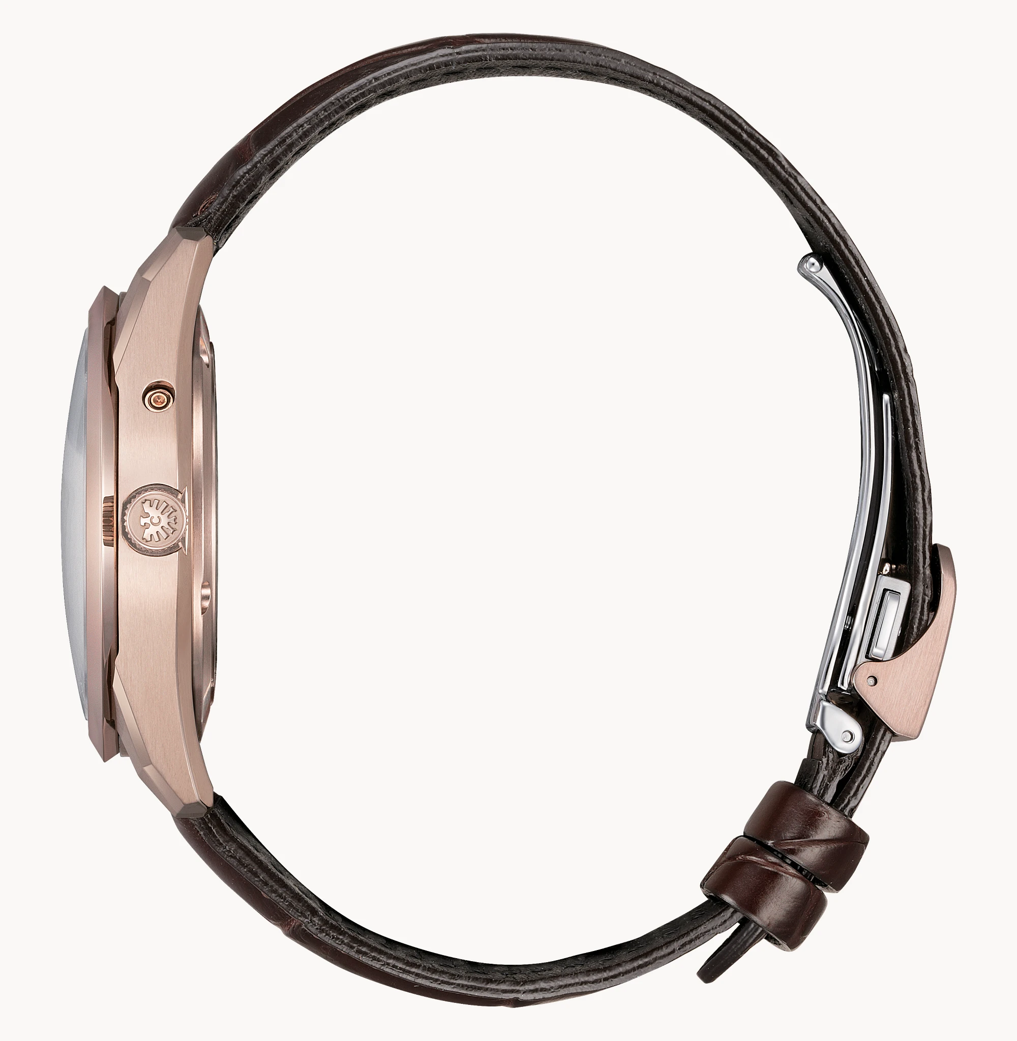 Side view of The CITIZEN AQ4106-00B on crocodile strap