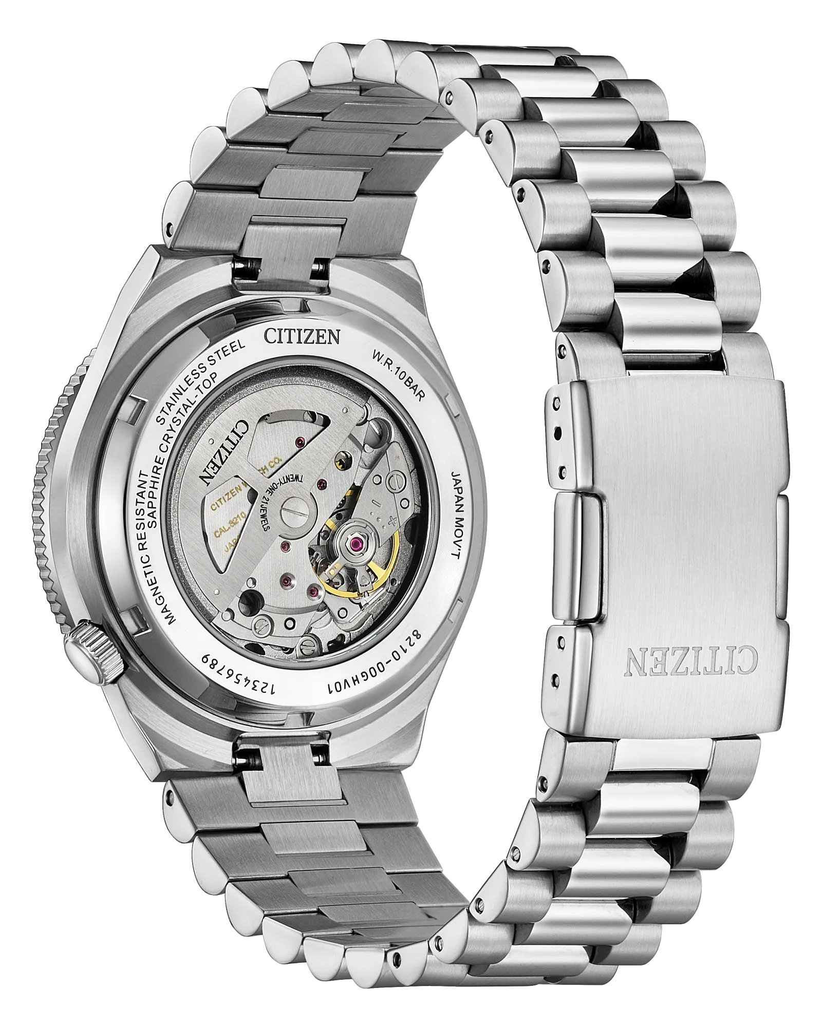 Fond de boîte transparent de la TSUYOSA Shore NJ0238-57E montrant le calibre 8210