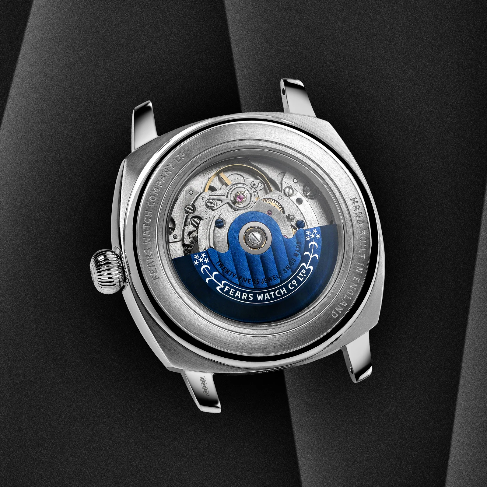 Fears Brunswick 40.5 Jump Hour Ultimus official exhibition caseback with Fears Blue rotor.