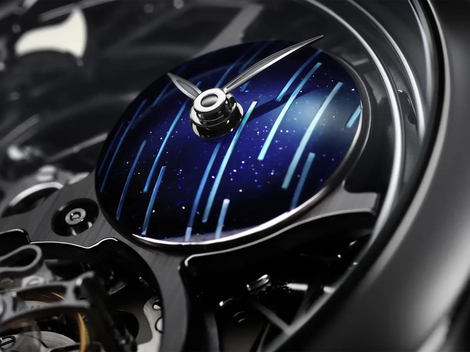 Official H. Moser & Cie. close lifestyle image of the Cosmic Rain skeleton architecture.