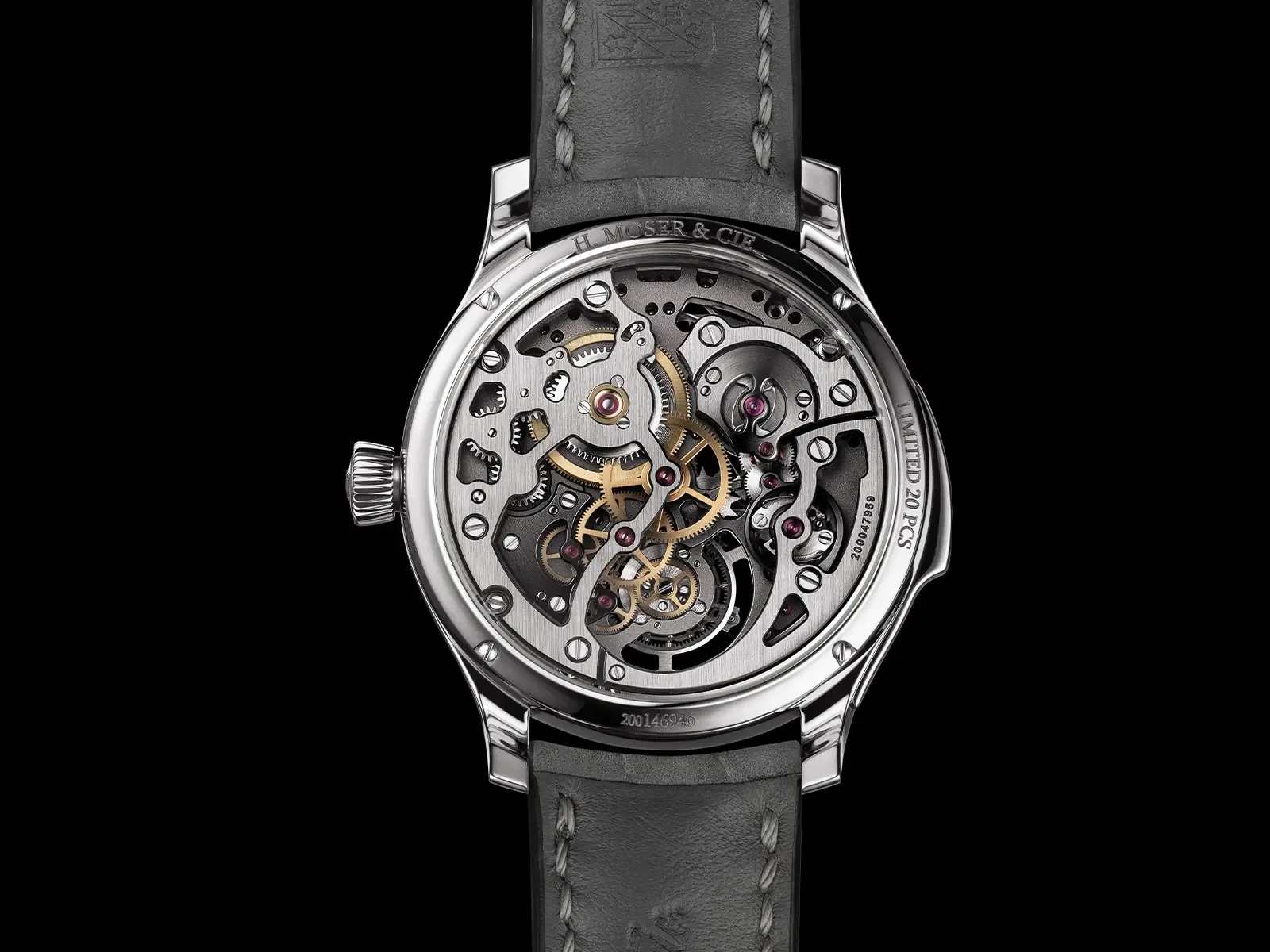 Official H. Moser & Cie. detail image of the Cosmic Rain aventurine sub-dial and open architecture.