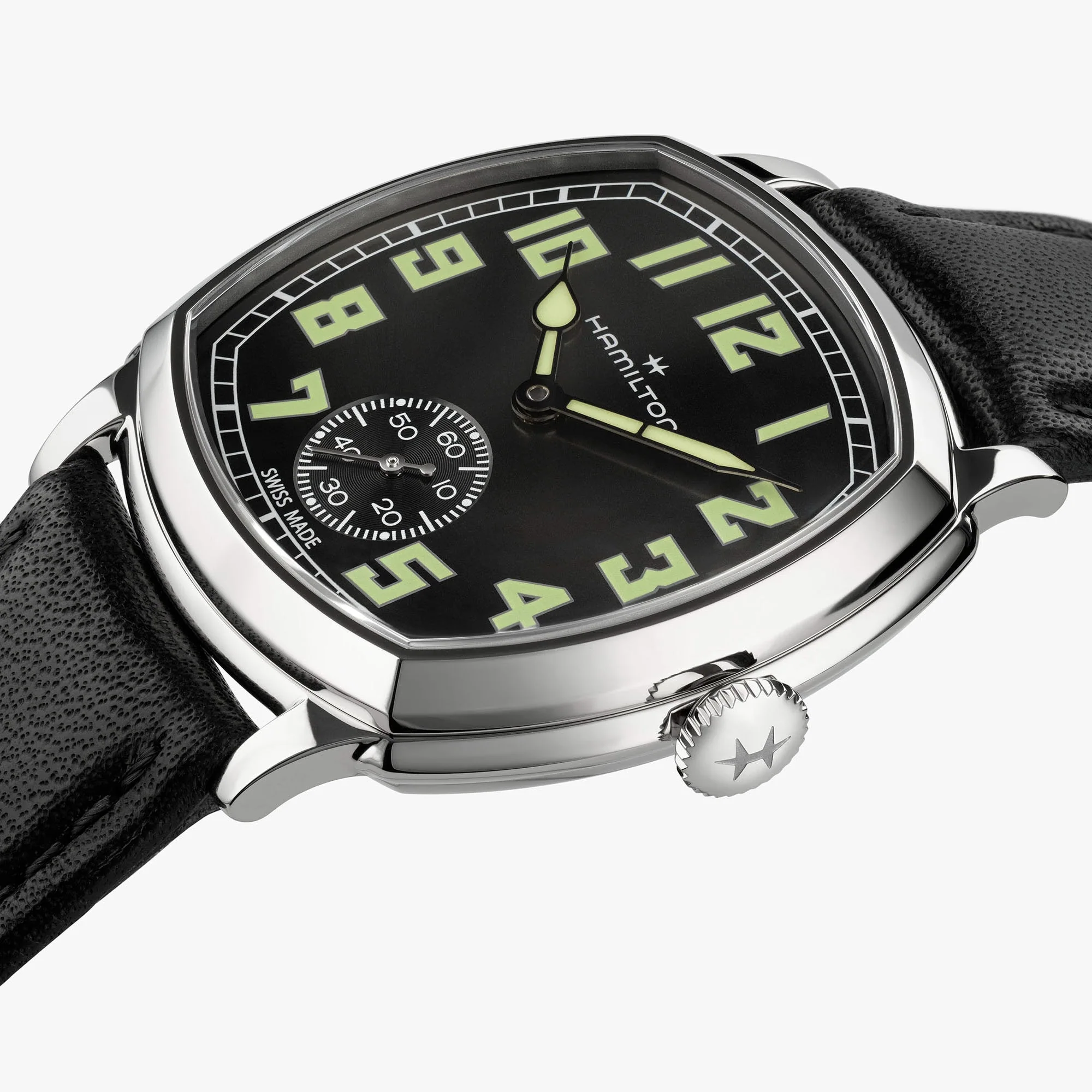 Close detail of the Hamilton H36129730 cushion case, dial and crown
