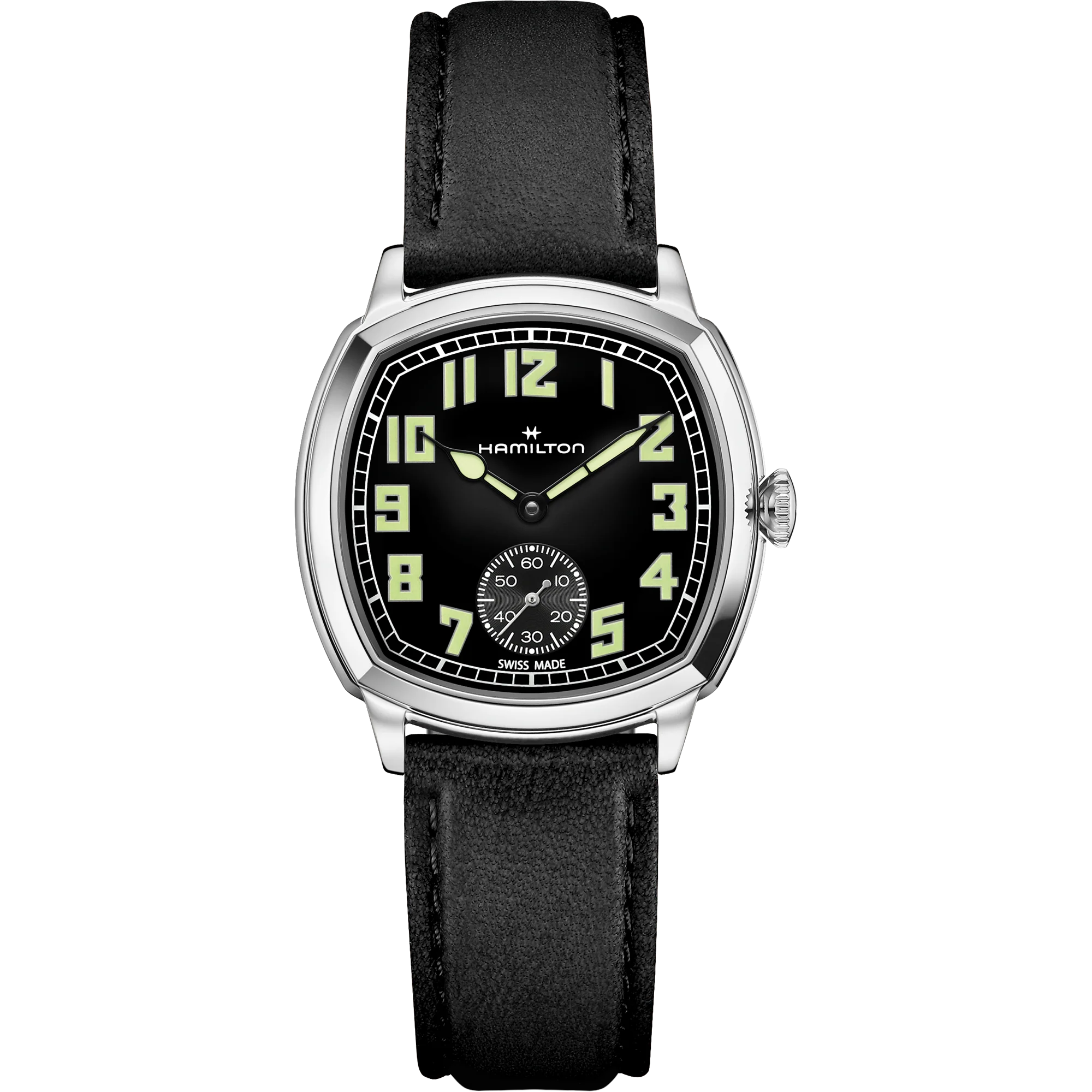Front view of the Hamilton H36129730 black dial and cushion case