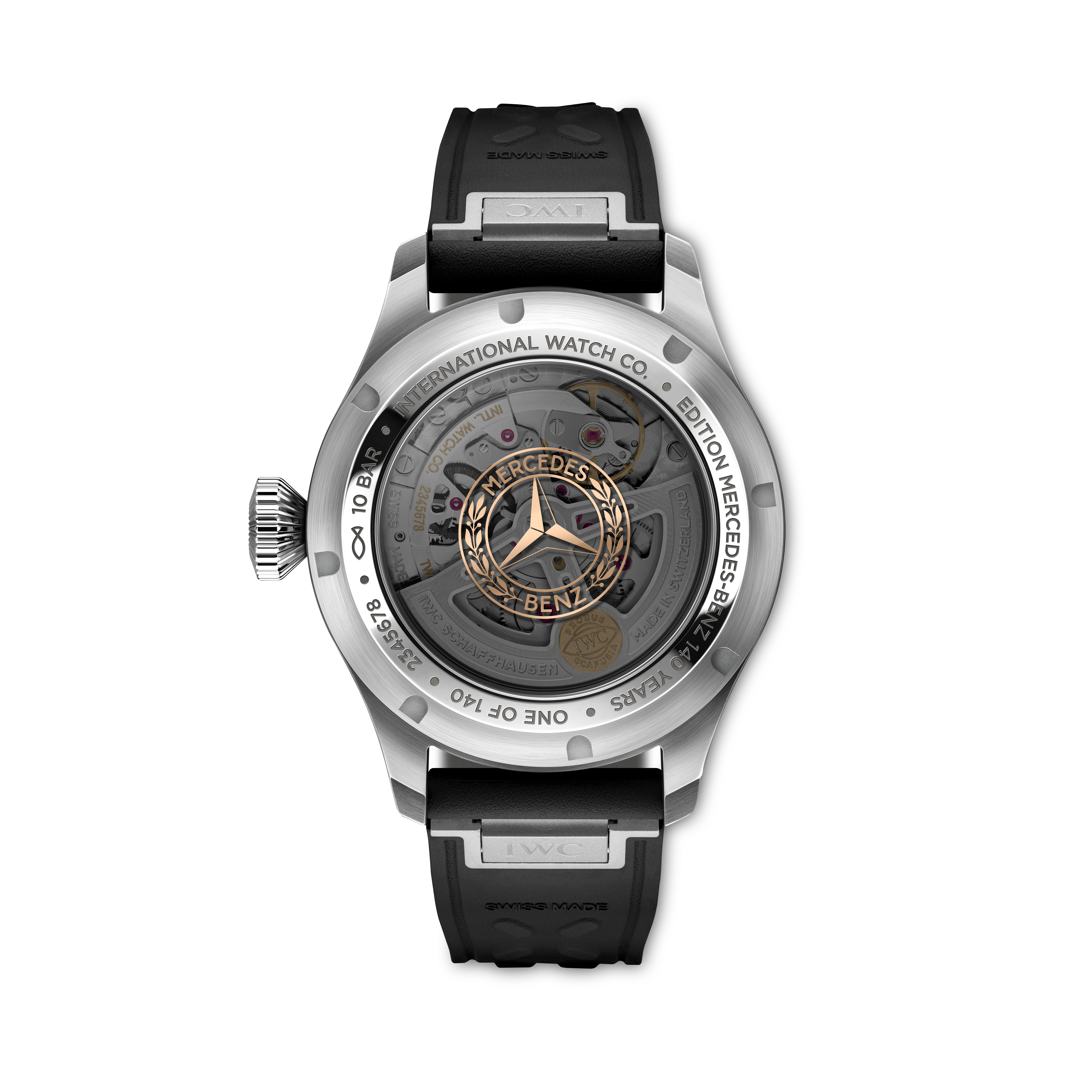 IWC Big Pilot’s Watch Perpetual Calendar ProSet IW329603 sapphire caseback with historic DMG Benz logo.