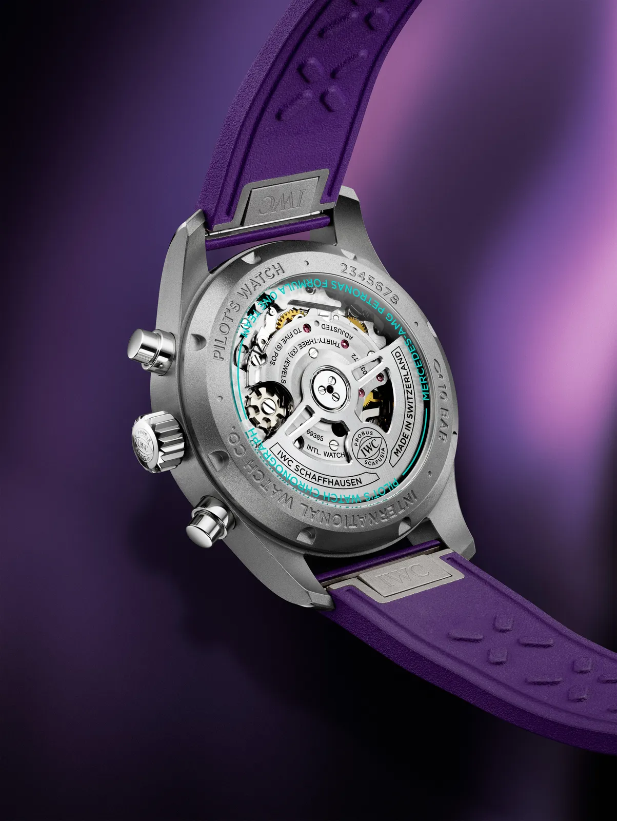 IWC IW388121 caseback on purple rubber strap