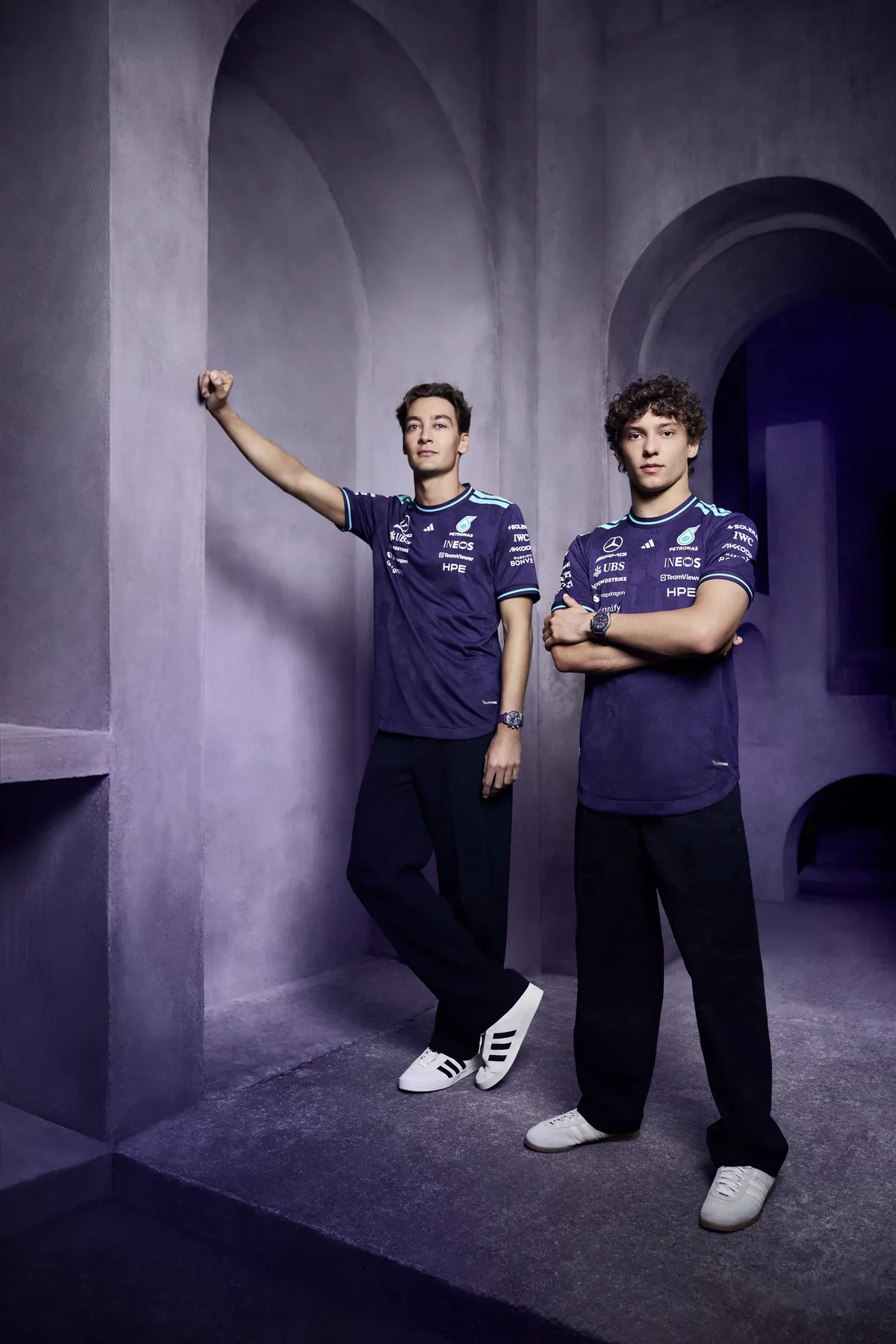 George Russell and Kimi Antonelli with the purple IWC IW388121
