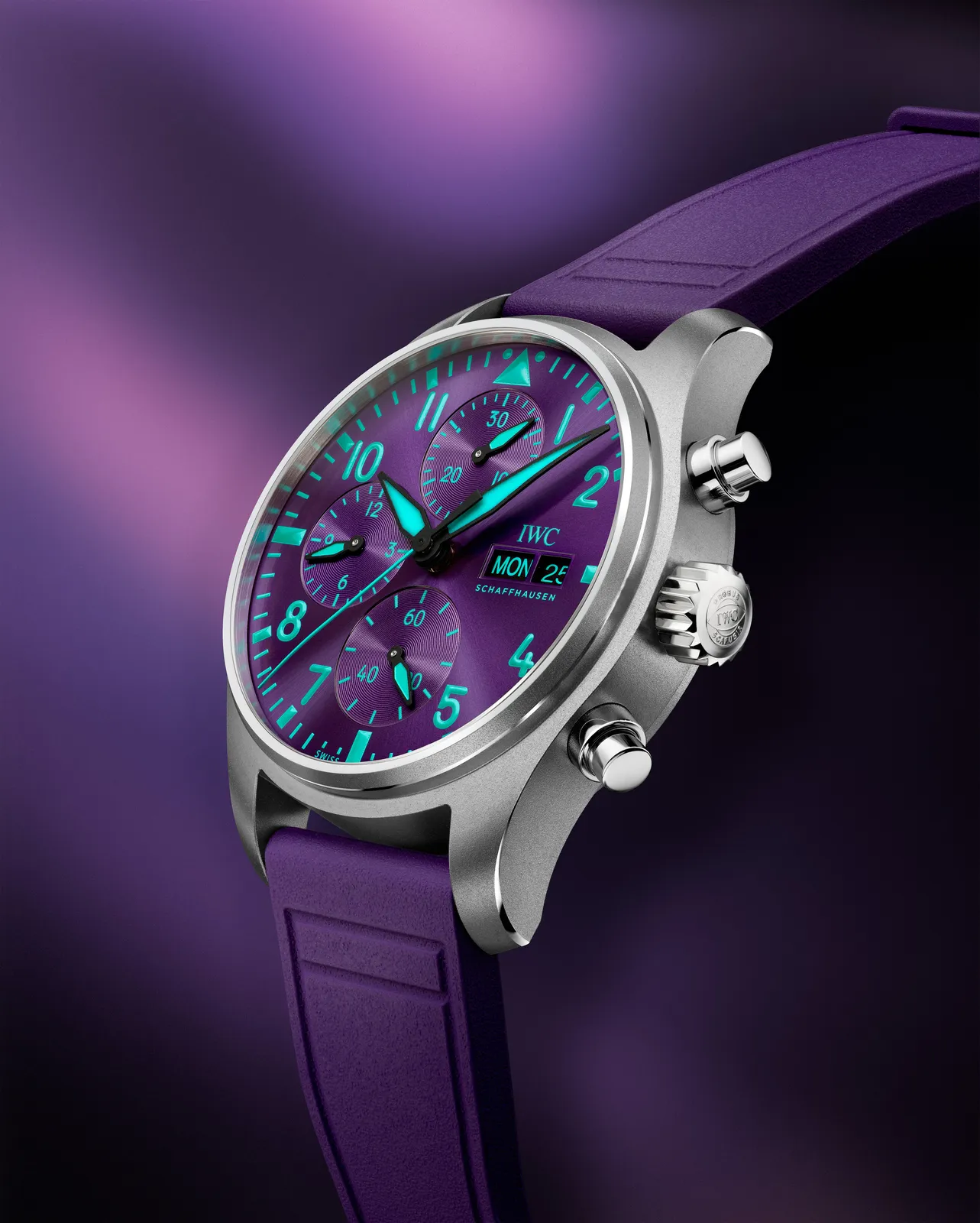 IWC IW388121 purple dial and titanium case three-quarter view