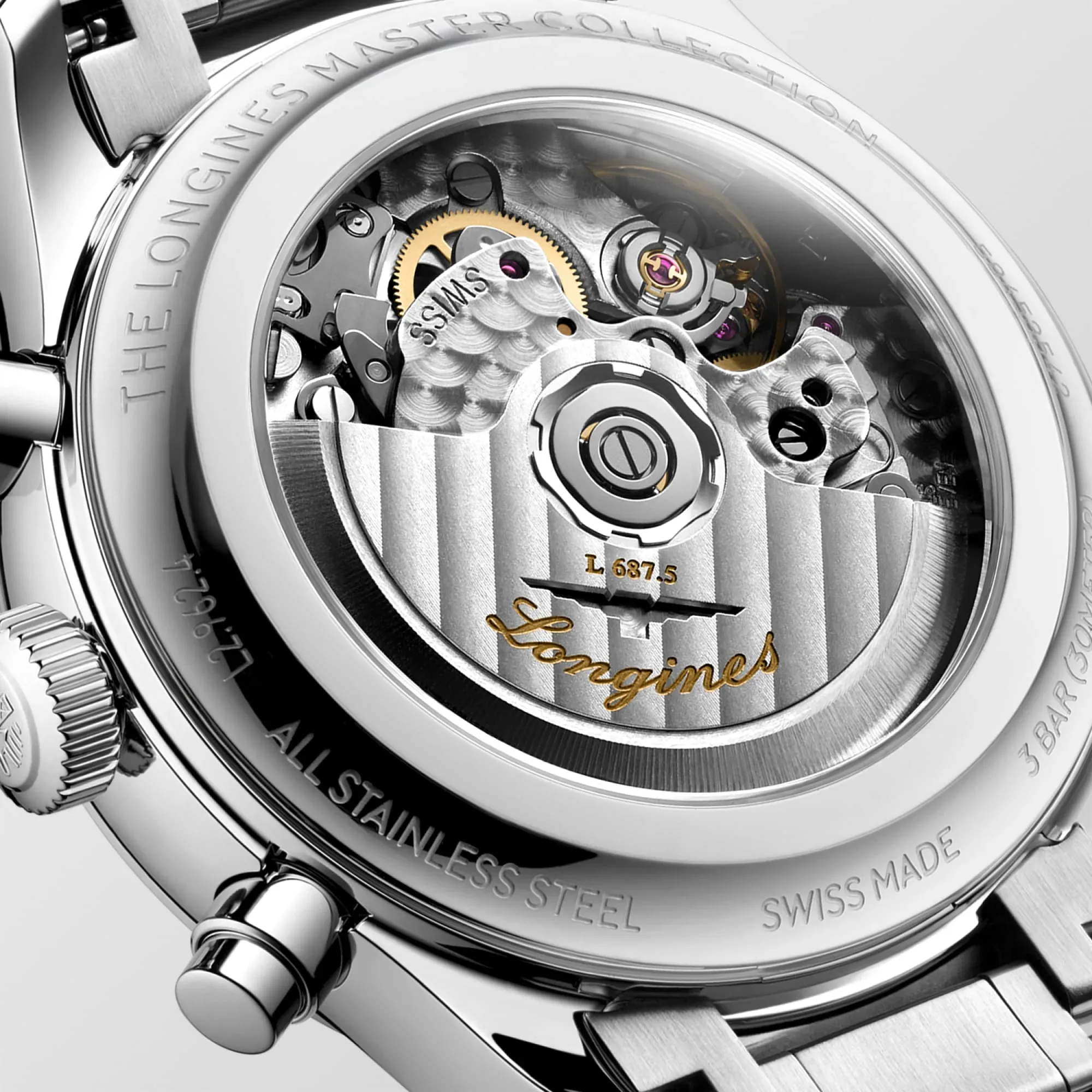 Ay fazı kronografın arka kapağından görünen Longines L687.5 mekanizma