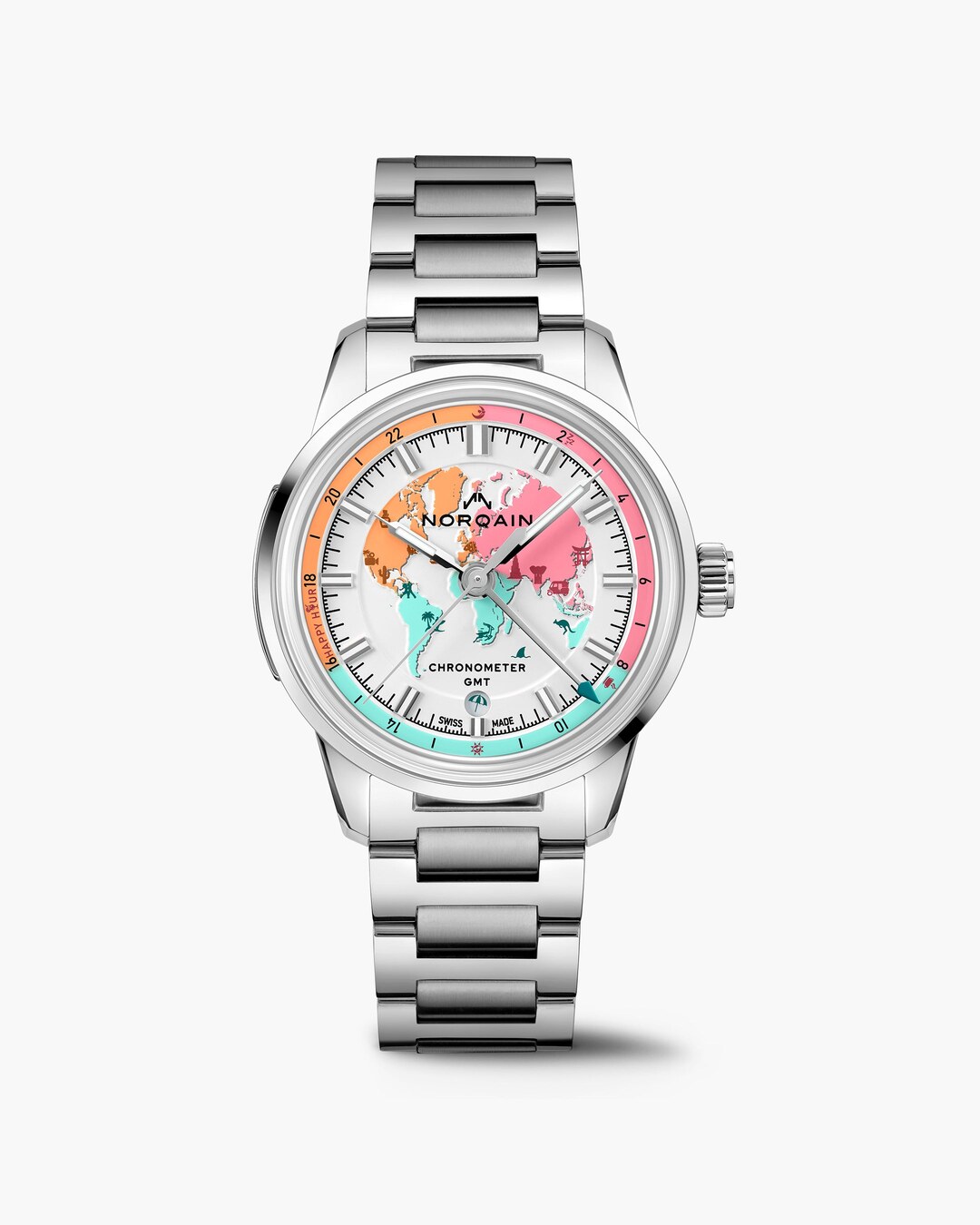 Frontalansicht der NORQAIN Freedom GMT Enjoy Life Holiday Limited Edition am Stahlband