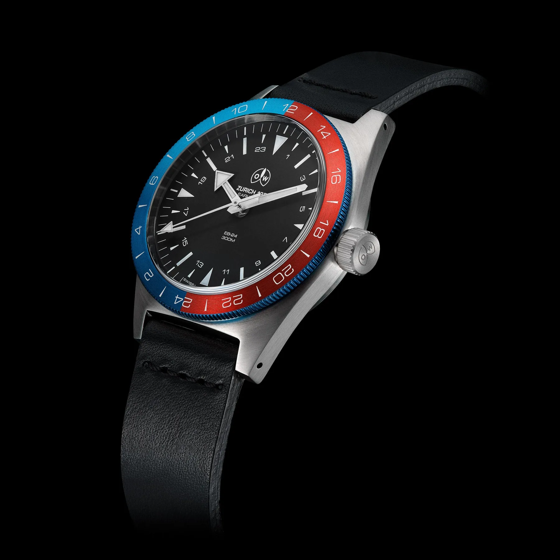Ollech & Wajs Early Bird EB-24 front view on black leather strap