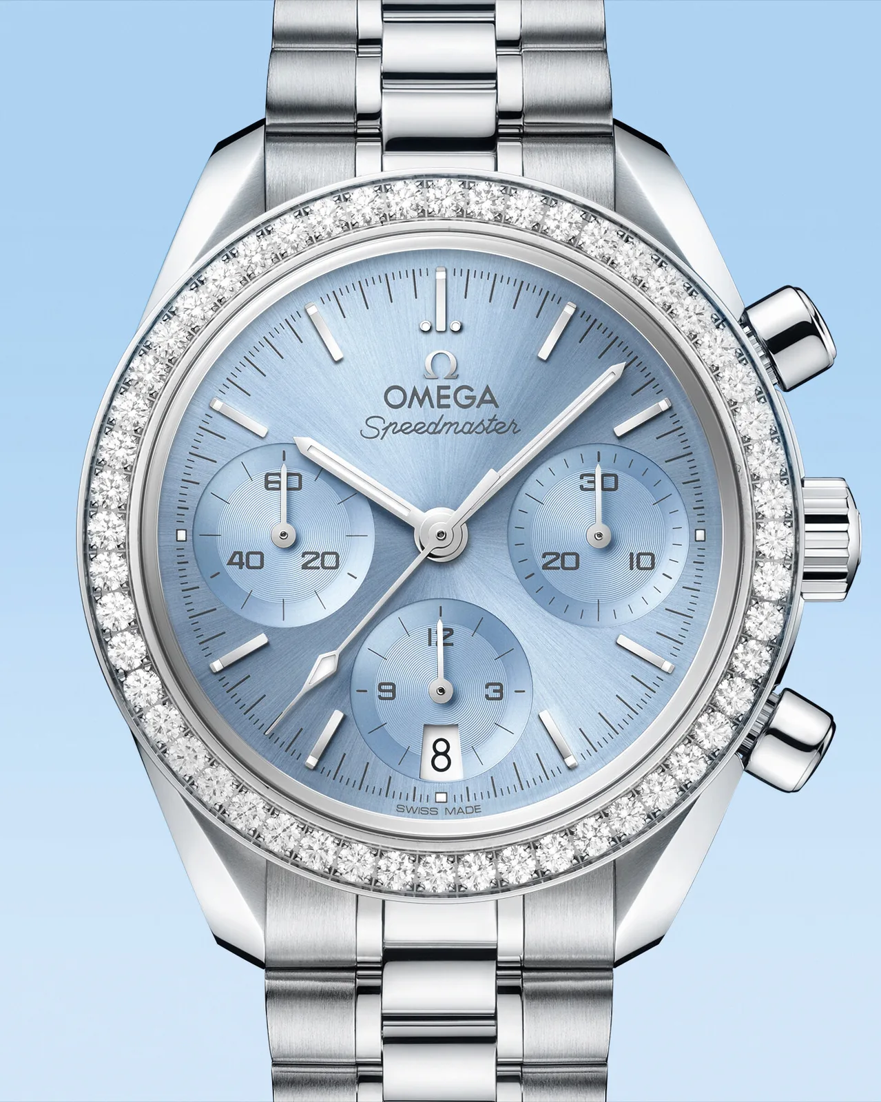 Buz mavisi kadranlı ve pırlanta bezelli OMEGA Speedmaster 38 mm referans 324.15.38.50.03.001