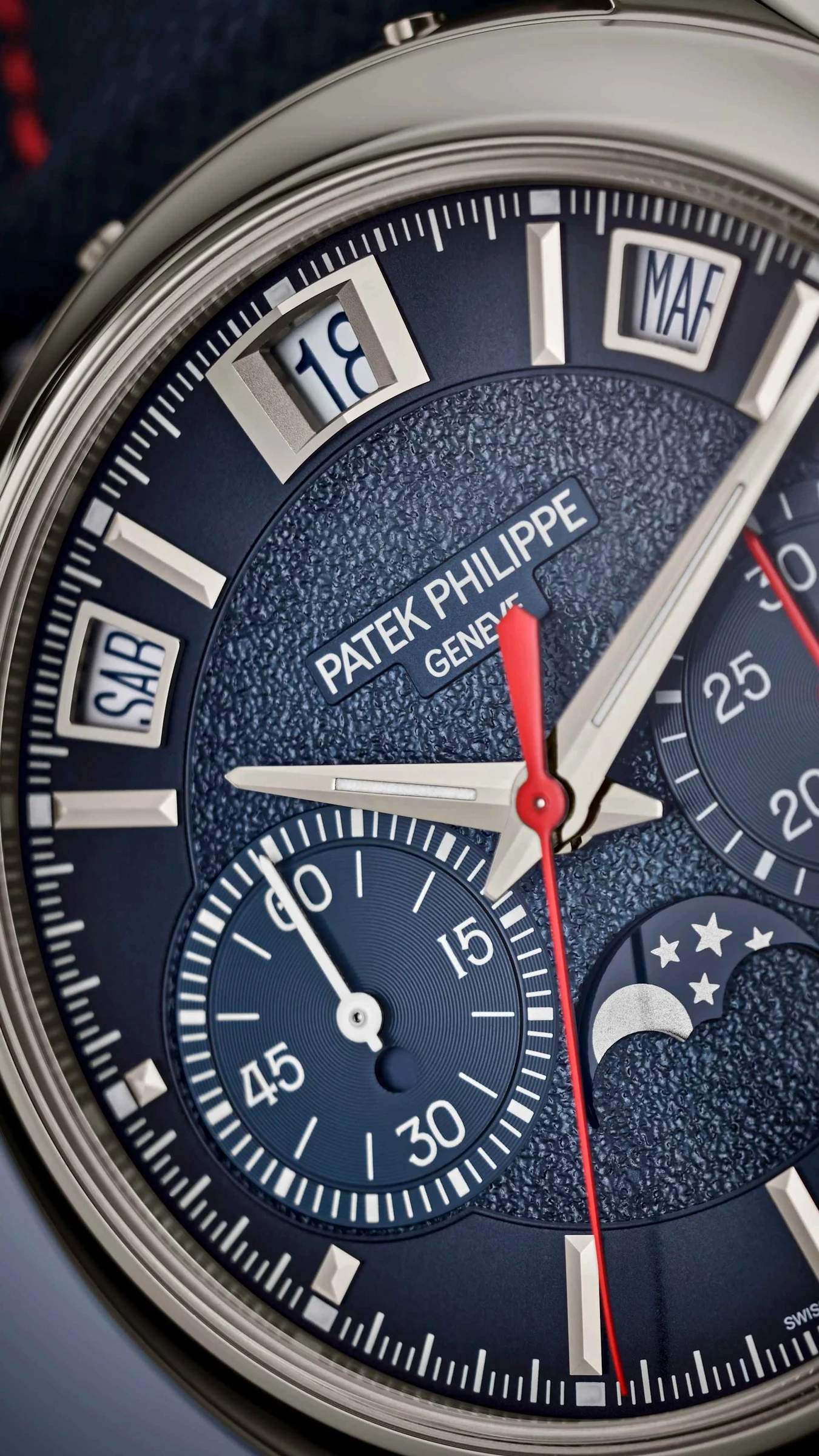 Dial detail of Patek Philippe 5978P-010 with Italian calendar indications