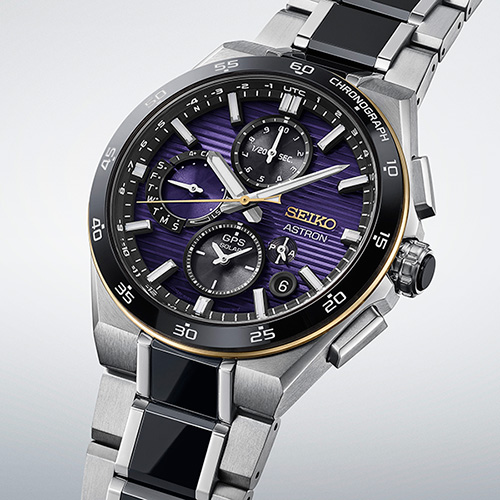 Official Seiko image of the Astron GPS Solar Dual-Time Chronograph HAB011 Edo purple limited edition.