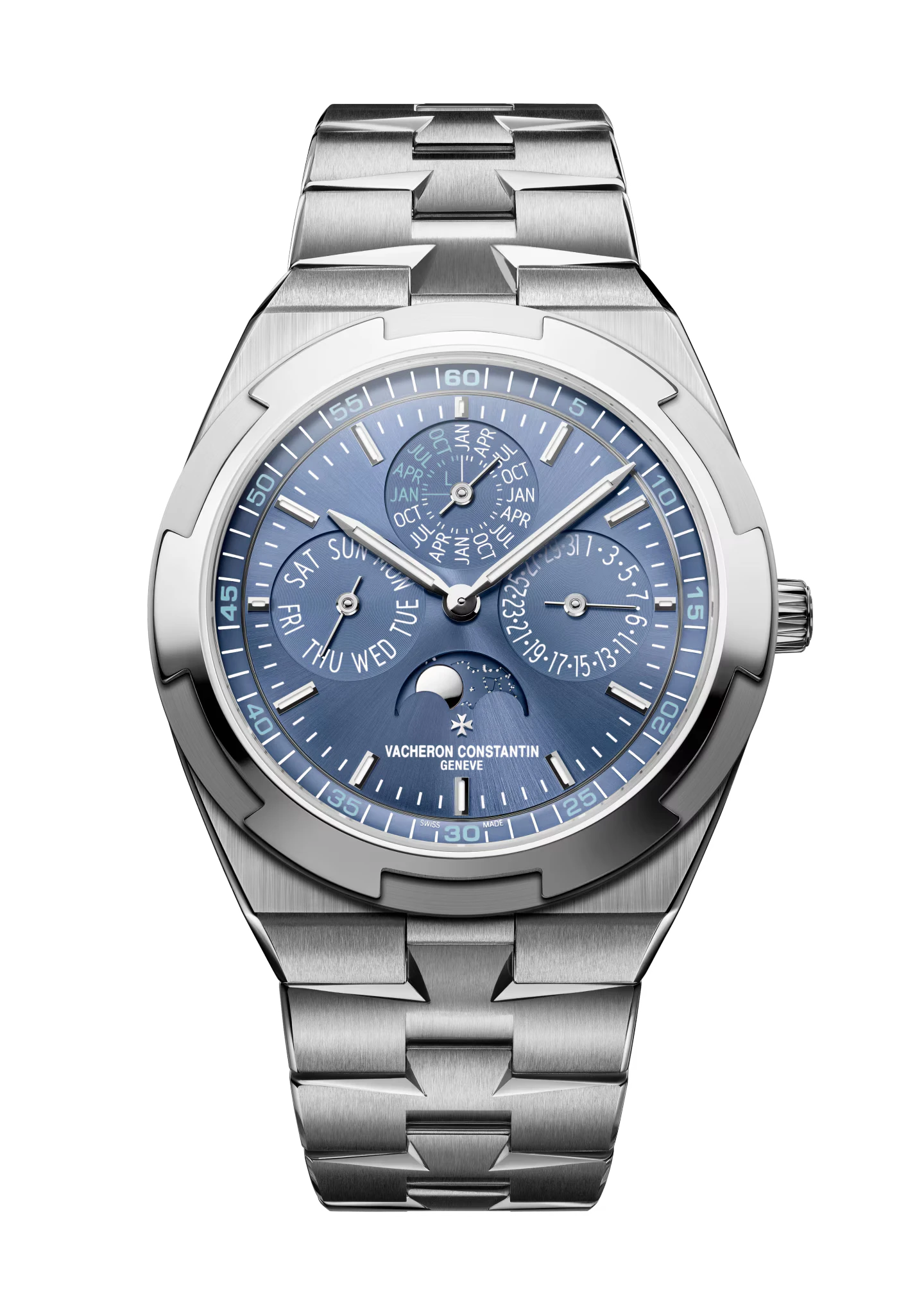 Official front view of the Vacheron Constantin Overseas H119 on its white-gold bracelet.