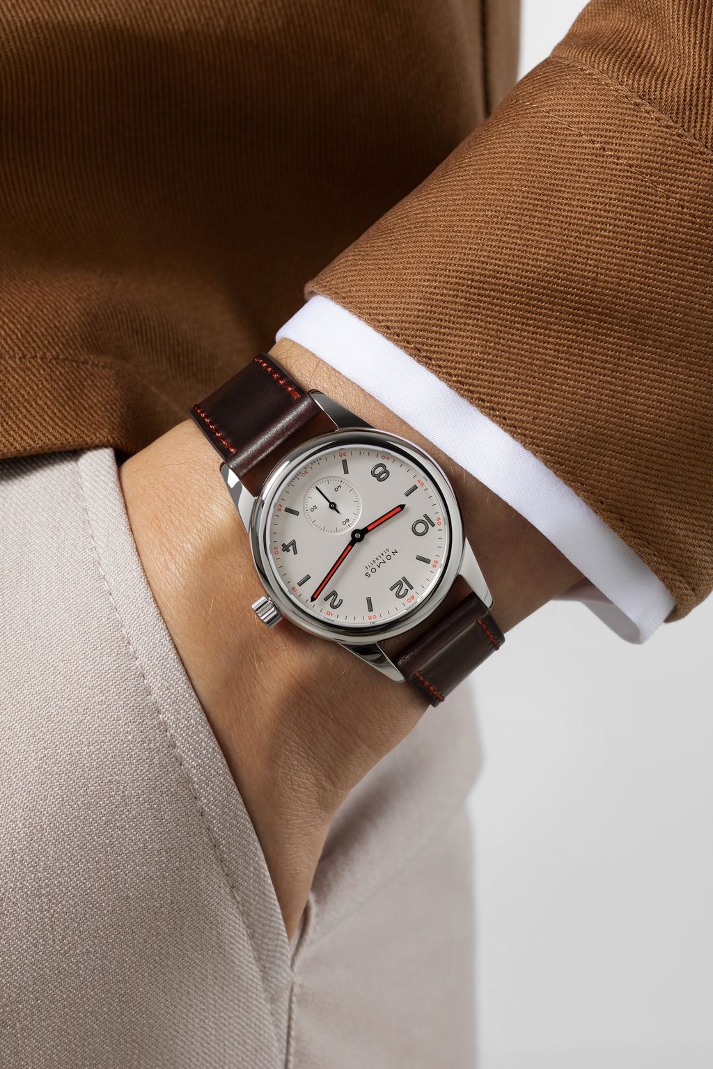 NOMOS Club Campus 38 reference 737 on a wrist, showing the case and strap drop
